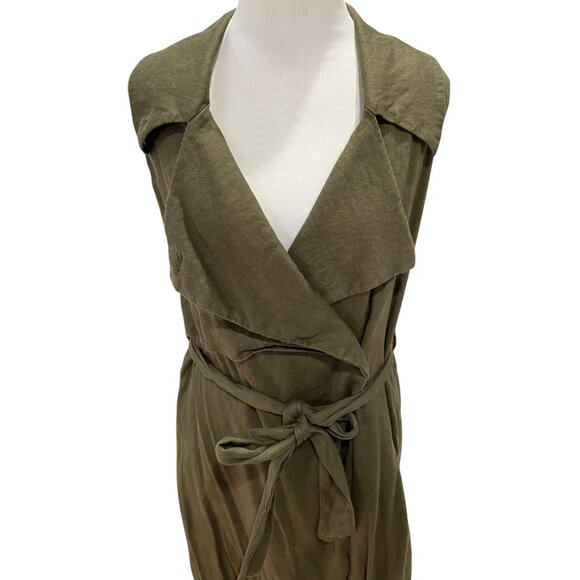 Anthropologie Trench Vest Womens M Olive Green Linen Blend Sleeveless Wrap Belt - Picture 4 of 16